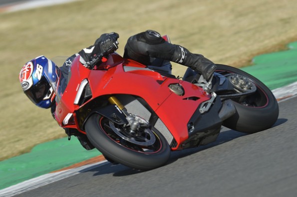 Ducati Panigale V4 S mid-corner.
